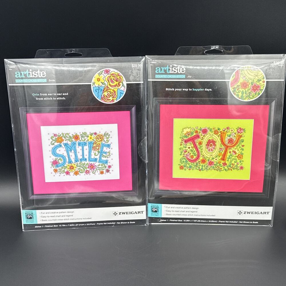 Zweigart Artiste Counted Cross Stitch Kits (Set Of 2) “Joy” & “Smile”